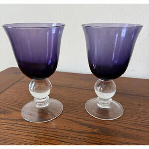 Set of 2 Purple Wine Glasses Water Goblets w/ Clear Ball Stem